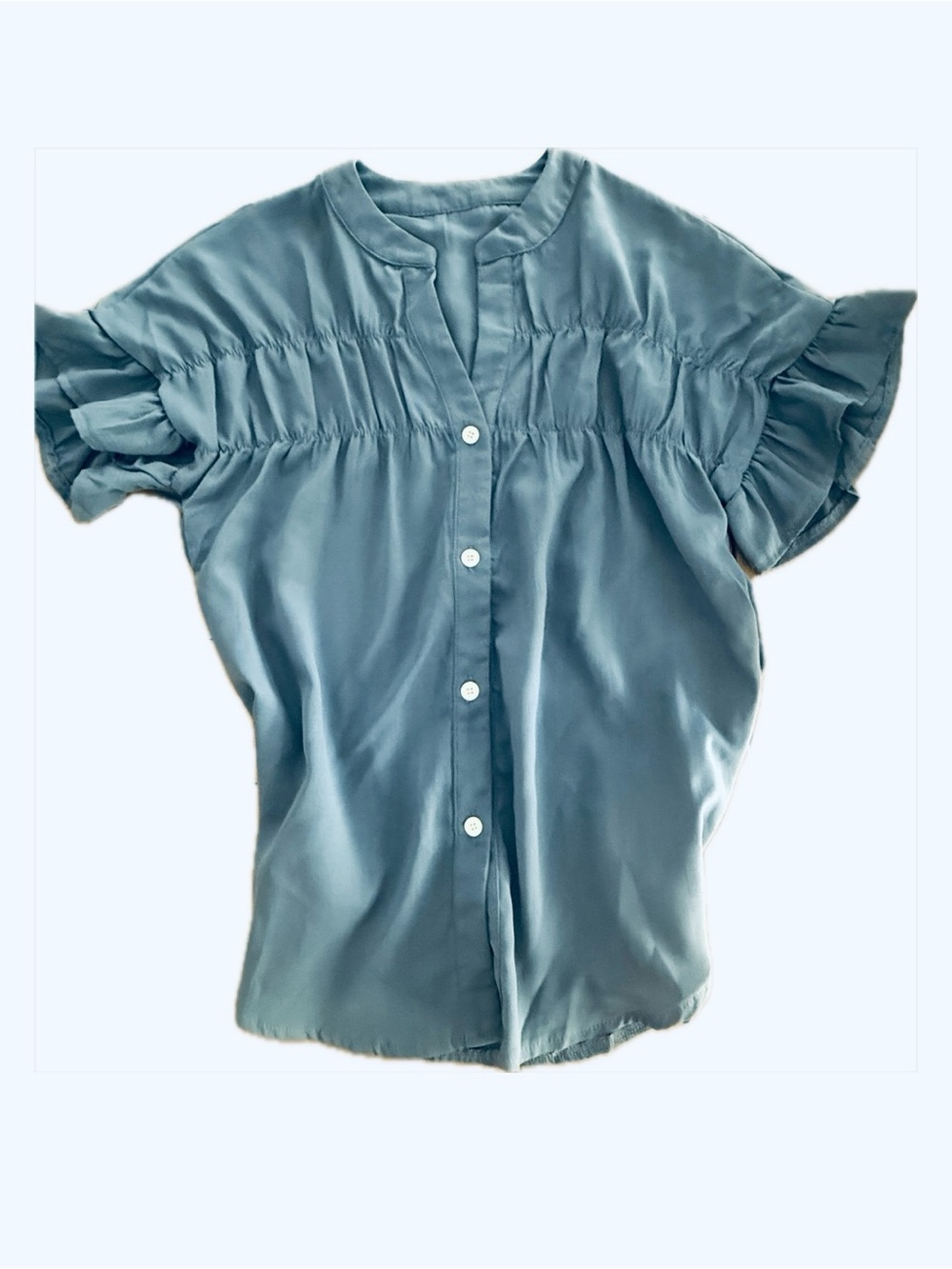 Women’s Slate Blue Button-Front Ruffle Sleeve Top size Medium